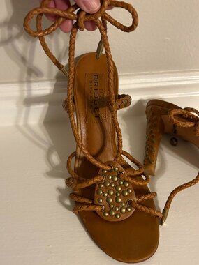 BRIDGET SHUSTER Brown Leather Studded Heel Sandals Shoes Size 8